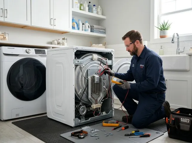 Appliance Repair Hero technician checking a dryer heating element with the rear panel off in Bingham Canyon, UT