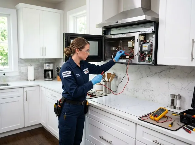 Appliance Repair Hero technician testing an over-the-range microwave in a Bingham Canyon, UT kitchen
