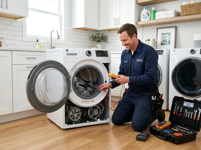 Appliance Repair Hero technician testing a front-load washer with a multimeter on a Bingham Canyon, UT service call